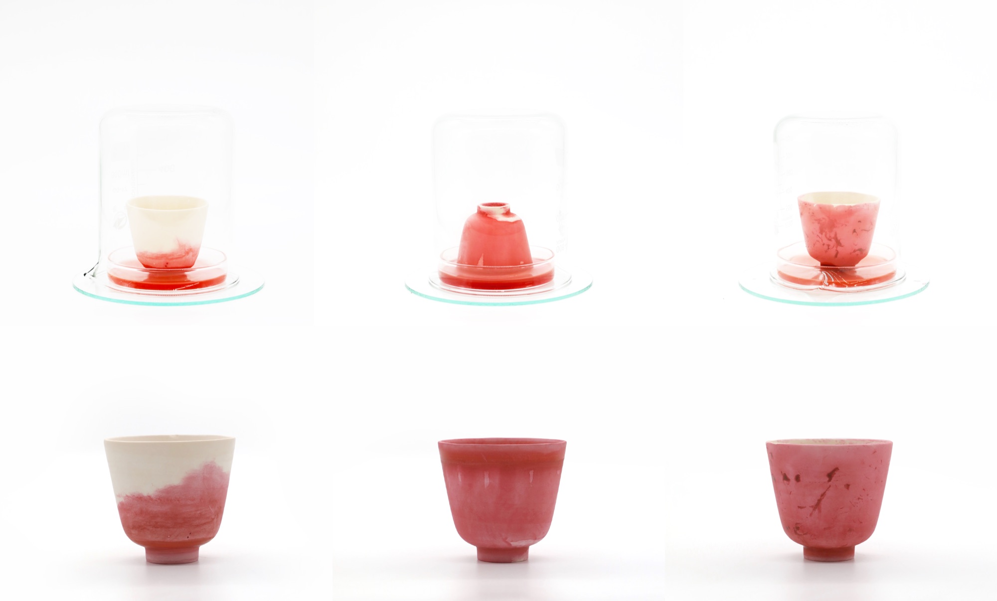 A six-frame grid: three porcelain cups standing in red medium under bell jars, and the three resulting cups stained from a soft gradient to near-solid pink.