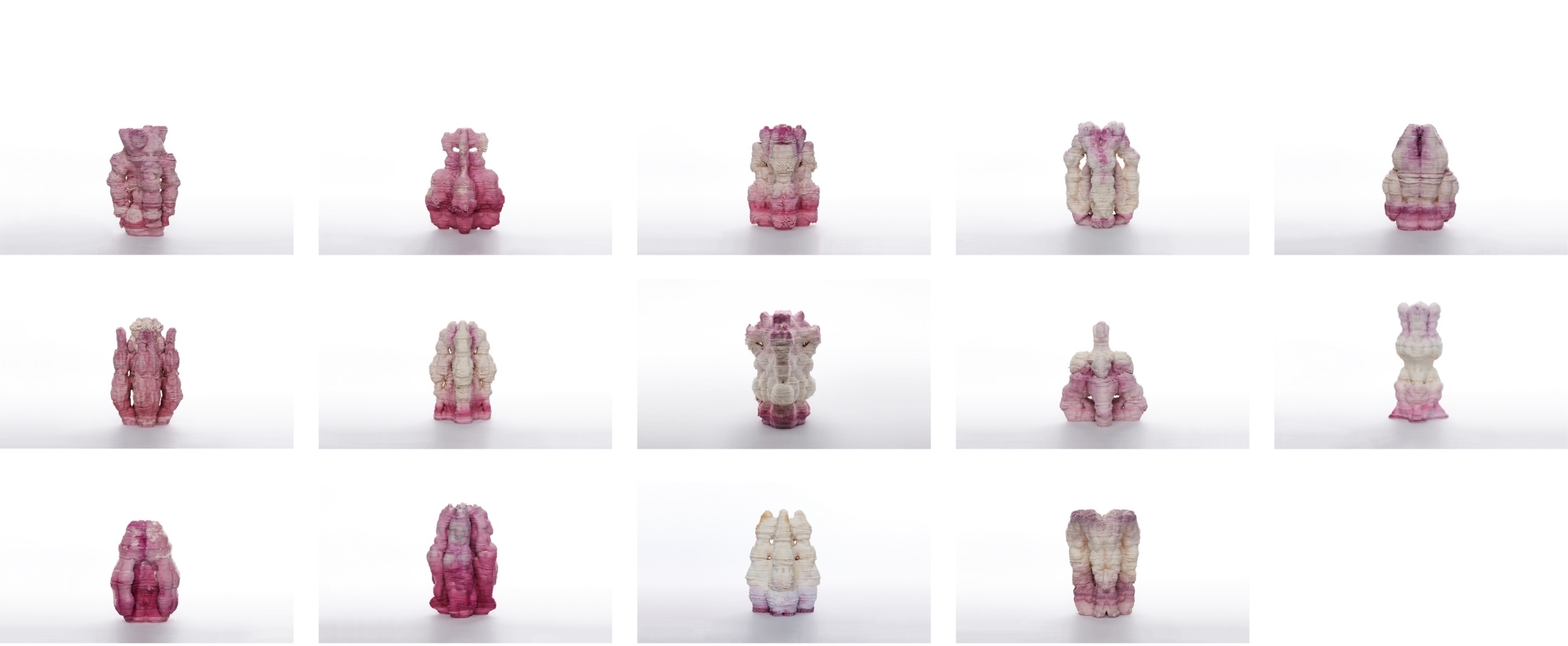 A grid of fourteen unglazed textured ceramic pieces on a white ground, each front-on, ranging from near-white to deep pink where bacterial pigment has stained the printed layers.